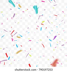 The realistic Falling of  shiny confetti glitters in colorful. New Year, birthday, design element of the Valentine's Day. Holiday design Isolated on a transparent background.