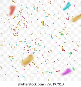 The realistic Falling of  shiny confetti glitters in colorful. New Year, birthday, design element of the Valentine's Day. Holiday design Isolated on a transparent background.