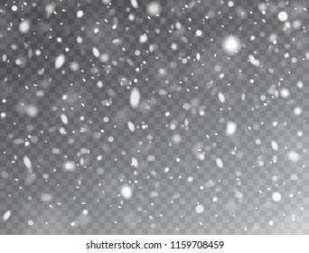 Realistic falling snow. Snow background. Frost storm, snowfall effect. Christmas background with snow on transparent background. Vector illustration.