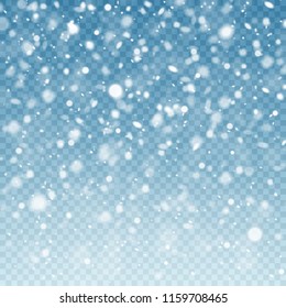 Realistic falling snow. Snow background. Frost storm, snowfall effect on blue transparent background. Christmas background. Vector illustration.