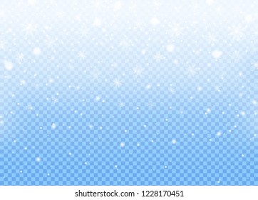 Realistic falling snow isolated on blue sky transparent background. Winter sky pattern. White snowfall texture. New year and Xmas concept. Snowflake effect. Vector illustration