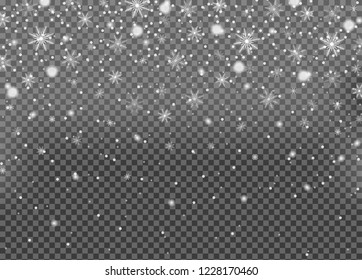 Realistic falling snow isolated on transparent background. Winter sky pattern. White snowfall texture. New year and Xmas concept. Snowflake effect. Vector illustration