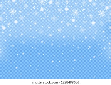 Realistic falling snow isolated on blue sky transparent background. Winter sky pattern. White snowfall texture. New year and Xmas concept. Snowflake effect. Vector illustration