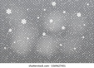 Realistic falling snow on transparent background. Vector illustration.