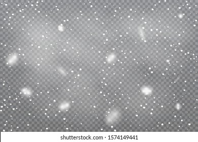 Realistic falling snow on transparent background. Vector illustration.