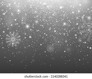 Realistic falling snow on transparent background. Snowflakes, realistic, Christmas snow, falling snow flake, white dust, blizzard. Transparent snow flake pattern.