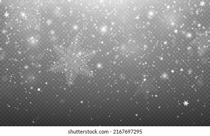 Realistic falling snow on transparent background. Snowflakes, realistic, Christmas snow, falling snow flake, white dust, blizzard. Transparent snow flake pattern.