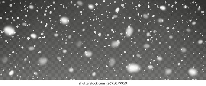Realistic Falling Snow On Transparent Background. Winter Snowfall Effect For Christmas, Holiday, And Seasonal Design Projects. Vector Illustration.