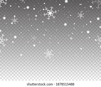Realistic falling snow. Snow overlay effect. Falling snow isolated on transparent background. Vector illustration. 