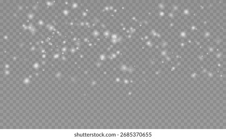 Realistic falling snow overlay on a transparent background. White dust or ash particles create a winter, Christmas, or magical texture effect. Vector illustration EPS10
