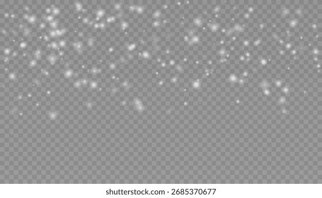 Realistic falling snow overlay on a transparent background. White dust or ash particles create a winter, Christmas, or magical texture effect. Vector illustration
