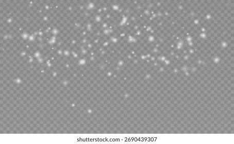 Realistischer Schneefall auf transparentem Hintergrund. Weiße Staub- oder Ascheteilchen erzeugen einen Winter-, Weihnachts- oder magischen Textureffekt. Vektorgrafik EPS10