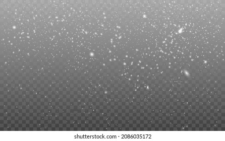 Realistic falling snow. Snowfall snowflake overlay effect in transparent background, glitter winter chirstmas blizzard, snowstorm in sky, cold weather vector illustration. Snow effect, flake magic