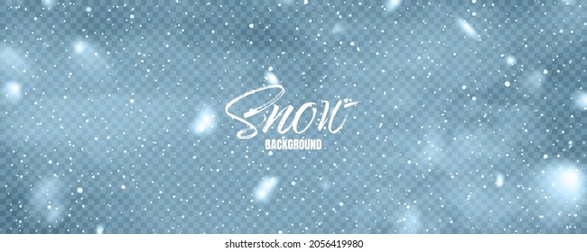 Realistic falling snow with snowflakes. Blue winter background for Christmas or New Year card. Frost storm effect. Vector illustration.