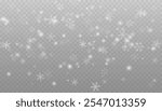 Realistic falling snow with snowflakes and clouds. Vector heavy snowfall, snowflakes in different shapes and forms. Many white cold flake elements on transparent background.