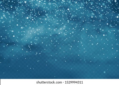 Realistic falling snow with snowflakes and clouds. Winter transparent background for Christmas or New Year card. Frost storm effect, snowfall, ice. Vector illustration.