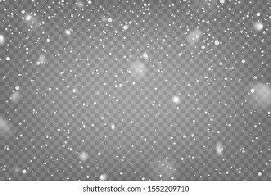 Realistic falling snow with snowflakes and clouds. Winter transparent background for Christmas or New Year card. Frost storm effect, snowfall, ice. Vector illustration.