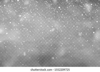 Realistic falling snow with snowflakes and clouds. Winter transparent background for Christmas or New Year card. Frost storm effect, snowfall, ice. Vector illustration.