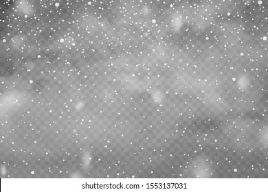 Realistic falling snow with snowflakes and clouds. Winter transparent background for Christmas or New Year card. Frost storm effect, snowfall, ice. Vector illustration.