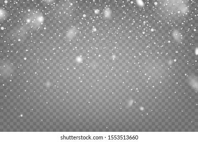 Realistic falling snow with snowflakes and clouds. Winter transparent background for Christmas or New Year card. Frost storm effect, snowfall, ice. Vector illustration.