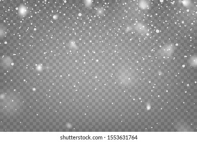 Realistic falling snow with snowflakes and clouds. Winter transparent background for Christmas or New Year card. Frost storm effect, snowfall, ice. Vector illustration.