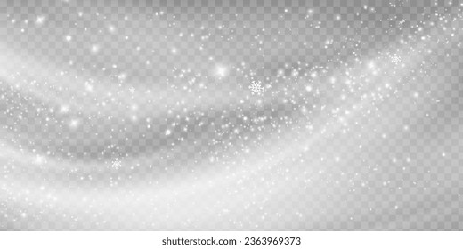 Realistic falling snow with snowflakes and clouds. Winter transparent background for Christmas or New Year card. Frost storm effect, snowfall, ice. Vector