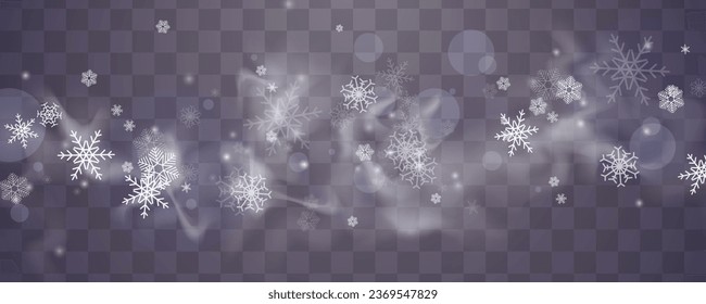 Realistic falling snow with snowflakes and clouds. Winter transparent background for Christmas or New Year card. Frost storm effect, snowfall, ice. Vector illustration.	