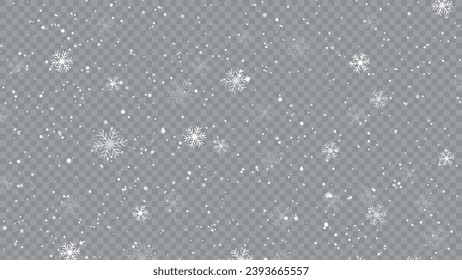 Realistic falling snow with snowflakes and clouds. Winter transparent background for Christmas or New Year card. Stock royalty free vector illustration. PNG