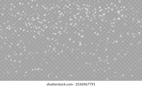 Realistic falling snow with snowflakes and clouds. Vector heavy snowfall, snowflakes in different shapes and forms. Many white cold flake elements on transparent background.