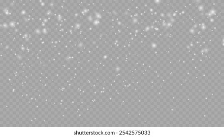 Realistic falling snow with snowflakes and clouds. Vector heavy snowfall, snowflakes in different shapes and forms. Many white cold flake elements on transparent background.