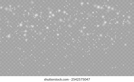 Realistic falling snow with snowflakes and clouds. Vector heavy snowfall, snowflakes in different shapes and forms. Many white cold flake elements on transparent background.