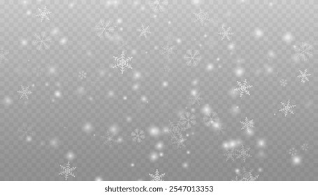 Nieve que cae realista con copos de nieve y nubes. Vector de fuertes nevadas, copos de nieve en diferentes Formas y formas. Muchos Elementos en escamas frías blancas sobre fondo transparente.