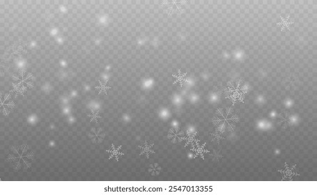 Nieve que cae realista con copos de nieve y nubes. Vector de fuertes nevadas, copos de nieve en diferentes Formas y formas. Muchos Elementos en escamas frías blancas sobre fondo transparente.