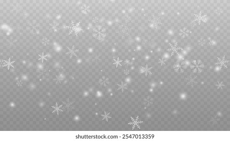 Realistic falling snow with snowflakes and clouds. Vector heavy snowfall, snowflakes in different shapes and forms. Many white cold flake elements on transparent background.