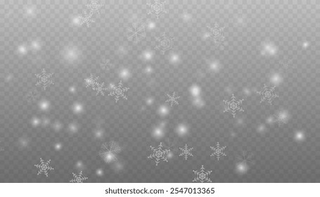 Nieve que cae realista con copos de nieve y nubes. Vector de fuertes nevadas, copos de nieve en diferentes Formas y formas. Muchos Elementos en escamas frías blancas sobre fondo transparente.