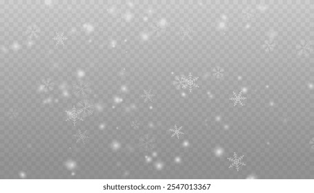 Nieve que cae realista con copos de nieve y nubes. Vector de fuertes nevadas, copos de nieve en diferentes Formas y formas. Muchos Elementos en escamas frías blancas sobre fondo transparente.