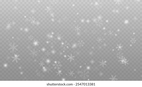 Nieve que cae realista con copos de nieve y nubes. Vector de fuertes nevadas, copos de nieve en diferentes Formas y formas. Muchos Elementos en escamas frías blancas sobre fondo transparente.