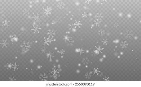 Nieve que cae realista con copos de nieve y nubes. Vector de fuertes nevadas, copos de nieve en diferentes Formas y formas. Muchos Elementos en escamas frías blancas sobre fondo transparente.