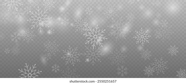 Nieve que cae realista con copos de nieve y nubes. Vector de fuertes nevadas, copos de nieve en diferentes Formas y formas. Muchos Elementos en escamas frías blancas sobre fondo transparente.