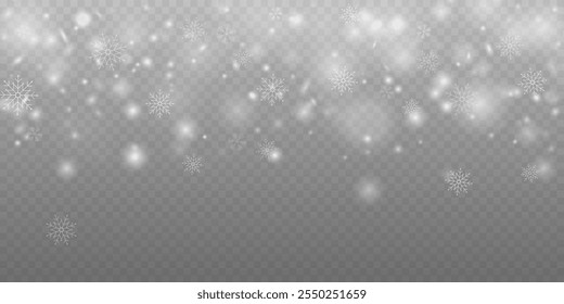 Realistic falling snow with snowflakes and clouds. Heavy snowfall, snowflakes in different shapes and forms. Many white cold flake elements on transparent background. Snowfall. Falling Snowflakes