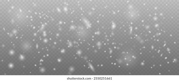 Nieve que cae realista con copos de nieve y nubes. Vector de fuertes nevadas, copos de nieve en diferentes Formas y formas. Muchos Elementos en escamas frías blancas sobre fondo transparente.