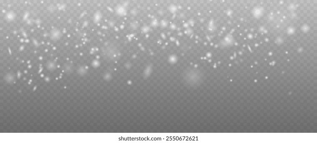 Realistic falling snow with snowflakes and clouds. Vector heavy snowfall, snowflakes in different shapes and forms. Many white cold flake elements on transparent background.