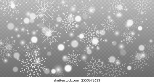 Realistic falling snow with snowflakes and clouds. Vector heavy snowfall, snowflakes in different shapes and forms. Many white cold flake elements on transparent background.