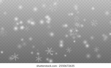 Nieve que cae realista con copos de nieve y nubes. Vector de fuertes nevadas, copos de nieve en diferentes Formas y formas. Muchos Elementos en escamas frías blancas sobre fondo transparente.