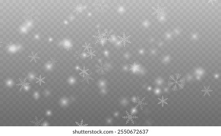 Realistic falling snow with snowflakes and clouds. Vector heavy snowfall, snowflakes in different shapes and forms. Many white cold flake elements on transparent background.