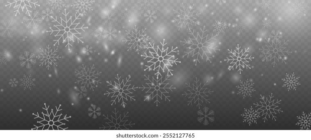 Realistic falling snow with snowflakes and clouds. Vector heavy snowfall, snowflakes in different shapes and forms. Many white cold flake elements on transparent background.