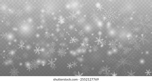 Nieve que cae realista con copos de nieve y nubes. Vector de fuertes nevadas, copos de nieve en diferentes Formas y formas. Muchos Elementos en escamas frías blancas sobre fondo transparente.