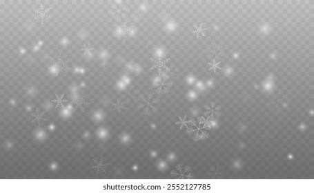 Nieve que cae realista con copos de nieve y nubes. Vector de fuertes nevadas, copos de nieve en diferentes Formas y formas. Muchos Elementos en escamas frías blancas sobre fondo transparente.