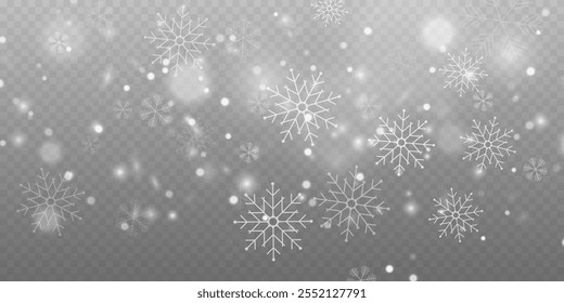 Nieve que cae realista con copos de nieve y nubes. Vector de fuertes nevadas, copos de nieve en diferentes Formas y formas. Muchos Elementos en escamas frías blancas sobre fondo transparente.