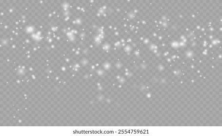 Realistic falling snow with snowflakes and clouds. Heavy snowfall, snowflakes in different shapes and forms. Many white cold flake elements on transparent background. Snowfall. Falling Snowflakes